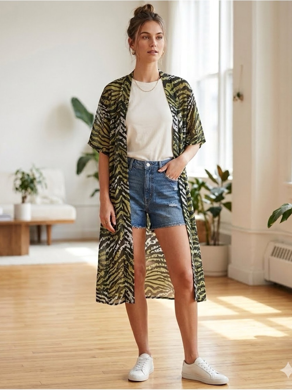 Zebra Stripe And Leopard Print Kimono With Belt One Size